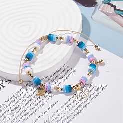 ポリマークレイ平石サーファー編組ビーズブレスレット  女性のためのフィッシュ＆シェルアロイエナメルチャーム付きプレッピーブレスレット  マリンブルー  内径：2-1/4~3-5/8インチ（5.6~9.3cm）&nbsp;BJEW-TA00080-03
