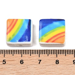 虹の模様がプリントされた手作りの磁器ビーズ  正方形  カラフル  15~15.5x15~15.5x7.5~8mm  穴：2mm&nbsp;PORC-G016-05