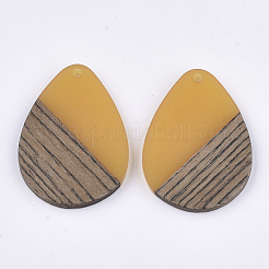 樹脂＆ウォールナットウッドペンダント  ティアドロップ  ゴールド  36x26.5x3~4mm  穴：2mm&nbsp;RESI-S358-95G