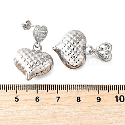 テクスチャードハート真鍮マイクロパヴェクリアキュービックジルコニアダングルスタッドピアス  カドミウムフリー＆鉛フリー  長持ちメッキ  ラックめっき  プラチナ  30.5x20mm&nbsp;EJEW-Z099-02P-01
