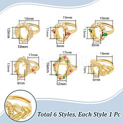 6Pcs 6 Styles Rack Plating Brass Micro Pave Cubic Zirconia Adjustable Ring Components&nbsp;KK-UN0003-42