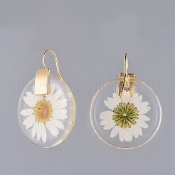 合金樹脂ダングルピアス  ドライフラワーと真鍮のフープピアス  フラットラウンド  ゴールドカラー  43.5x32x5mm  ピン：0.7mm&nbsp;EJEW-JE03560