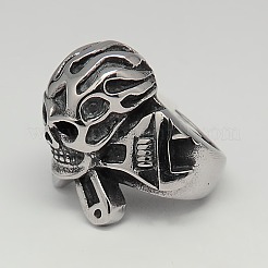 304ステンレススチール海賊スタイルのスカルワイドリング  アンティークシルバー  17~23mm&nbsp;RJEW-F006-279
