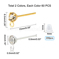 真鍮ポストピアスパーツ  ラインストーンとカン付き  プラスチック製ピアスキャッチ  ミックスカラー  15x4mm  穴：0.5mm  ピン：0.8mm  2色  60個/カラー&nbsp;KK-PH0004-49