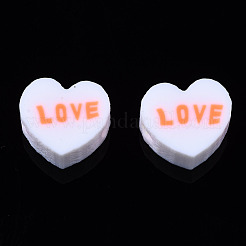 手作り樹脂粘土ビーズ  単語「love」付けのハート  ホワイト  8~8.5x9~9.5x4.5mm  穴：1.8mm&nbsp;CLAY-N008-032I