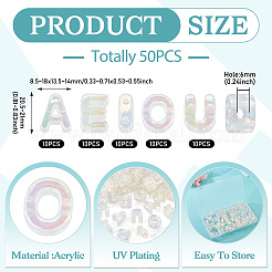 50 個 5 スタイル UV メッキレインボー虹色アクリルビーズ  イニシャルビーズ  アエイオウ  透明  20.5~21x8.5~18x13.5~14mm  穴：6mm  10個/スタイル&nbsp;OACR-TA0004-67G