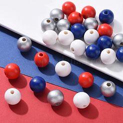 160 Pcs 4 Colors 4 July American Independence Day Painted Natural Wood Round Beads&nbsp;WOOD-LS0001-01B