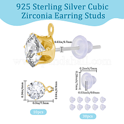 クリアキュービックジルコニアスタッドピアス金具30個  スターリングシルバーのピン925本とプラスチック製のイヤーナット30個付き。  ライトゴールド  7.5x6mm  ピン：0.7mm  穴：0.9mm&nbsp;EJEW-BBC0002-07A