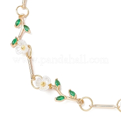 Brass Micro Pave Green Cubic Zirconia & Imitation Pearl Flower Branch Link Chain Necklaces for Women&nbsp;NJEW-JN05309