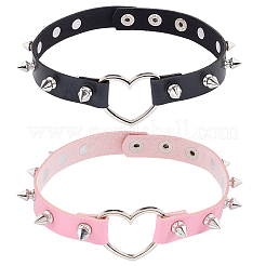 2Pcs 2 Colors Adjustable Gothic PU Leather Alloy Heart Spike Rivet Heart Choker Necklaces for Women&nbsp;NJEW-CL0001-17B