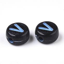 不透明な黒のアクリルビーズ  水平穴  混合色の文字が付いたフラットラウンド  文字.v  7x4mm  穴：1.6mm  約3600個/500g&nbsp;MACR-N008-17V