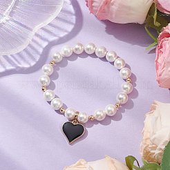 真鍮製ブラックエナメルチャームブレスレット  8mm ラウンド シェル パール ビーズ ストレッチ ブレスレット (女性用)  ハート  内径：1-7/8インチ（4.8cm）&nbsp;BJEW-JB10649-02