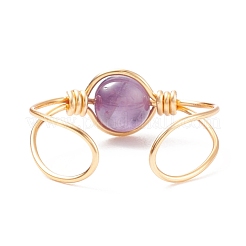 Natural Amethyst Round Beaded Open Cuff Ring&nbsp;RJEW-TA00041-02