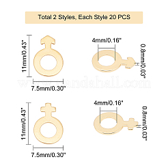 40個2スタイル304ステンレススチールチャーム  シンボル-男性＆シンボル-女性  ゴールドカラー  11x7.5x0.8mm  穴：4mm  20個/スタイル&nbsp;STAS-UN0029-04