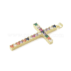 18k ゴールドメッキ真鍮製ガラスペンダント  クロス  カラフル  51x28x4mm  穴：3.1x2.8mm&nbsp;KK-A209-13G-01