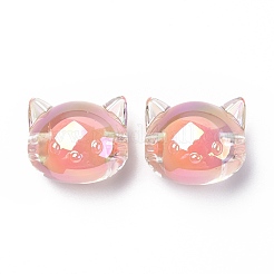 UVメッキレインボー虹色アクリルビーズ  ツートンカラーの二層ビーズ  猫  鮭色  16x18.5x14.5mm  穴：3.5mm&nbsp;OACR-H015-05E