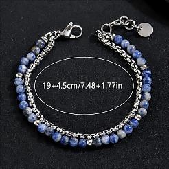 Natural Blue Spot Jasper Round Beaded 2-Strand Bracelets with 201 Stainless Steel Box Chains for Men Women&nbsp;EI8345-4