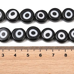 手作りのナザールボンジュウのランプワークビーズ  フラットラウンド  ブラック  11.5~12.5x5.5~5.8mm  穴：1.4mm  約32個/連  14.17インチ（36cm）&nbsp;LAMP-C028-02G