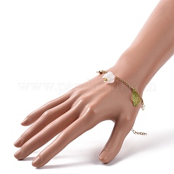 アクリル リーフ & フラワー & プラスチック パール チャーム ブレスレット  女性用ゴールデン 304 ステンレススチール ジュエリー  ゴールドカラー  6-7/8インチ（17.6cm）&nbsp;BJEW-JB09077