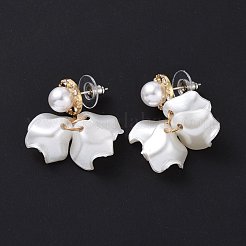 アクリルイミテーションシェルダングルスタッドピアス、スターリングシルバーピン925本付き  女性用合金クラスター ドロップ イヤリング  ホワイト  32mm  ピン：0.8mm&nbsp;EJEW-L281-07LG