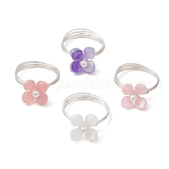 花のセルロースアセテート（樹脂）と貝パールの指輪  銅線を巻いたリング  銀  内径：18mm  4個/セット&nbsp;RJEW-TA00181-02