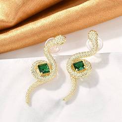 真鍮製マイクロパヴェキュービックジルコニアスタッドピアス  925つのスターリングシルバーピン付き  ヘビ  18KGP本金メッキ  39x13mm&nbsp;EJEW-P301-18G