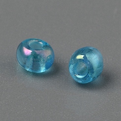 透明色レインボーガラスシードビーズ  丸い穴  ラウンド  ABカラー  ディープスカイブルー  3~3.5x2~3mm  穴：1mm  約5714個/200g&nbsp;GLAA-WH0036-48
