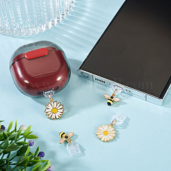 2 個 2 スタイル PVC モバイル防塵プラグ  合金エナメルのデイジーとミツバチのペンダント付き  ゴールドカラー  25~31mm&nbsp;HJEW-TAC0133