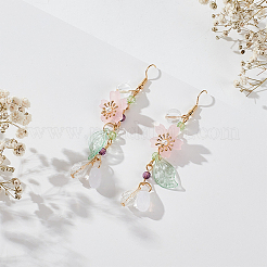 レジン 桜 ダングル イヤリング  女性用ゴールド合金ロングドロップイヤリング  カラフル  76mm  1ペア/ボックス&nbsp;EJEW-AN0002-30
