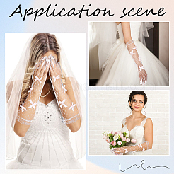 リボン結びのポリエステル製ロングレース手袋  結婚式の花嫁用品用  ピンク  400x110x3.5mm&nbsp;AJEW-WH20007-92A