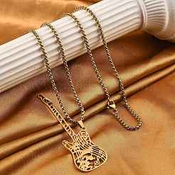201 Stainless Steel Hollow Guitar Pendant Box Chain Necklaces&nbsp;NJEW-M086-03G