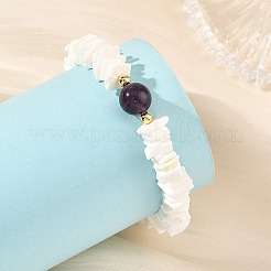 Natural Sea Shell Square Heishi Beads and Round Gemstone Beaded Stretch Bracelets&nbsp;BJEW-JB14476