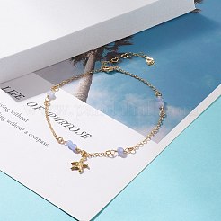 女性のための天然に染められた白い翡翠のアンクレット  真鍮スターチャームチェーンアンクレット  ゴールドカラー  ラベンダー  9-5/8インチ（24.5cm）  2mm&nbsp;AJEW-AN00475-02