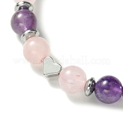 Natural Rose Quartz & Amethyst & Brass Heart Braided Bead Bracelet&nbsp;BJEW-JB09703-03