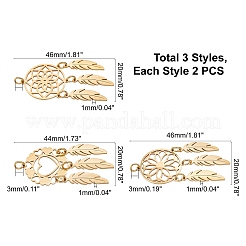 6個3スタイル201ステンレススチールペンダント  丸カン付き  羽付きネット/ウェブ  ゴールドカラー  44~46x20x1mm  穴：3mm  2個/スタイル&nbsp;STAS-DC0001-51