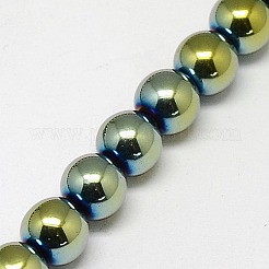 電気メッキ磁気無し合成ヘマタイトビーズ連売り  ラウンド  グレードA  メッキグリーン  8mm  穴：1.5mm  約50個/連  16インチ&nbsp;G-J169A-8mm-06