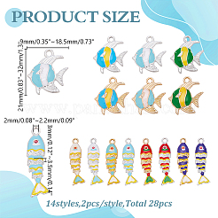 28個14スタイル亜鉛合金エナメルペンダント  魚  黄金/プラチナ  ミックスカラー  21x9x3mm  穴：2mm  2個/スタイル&nbsp;ENAM-AR0001-96