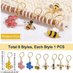 8個 8スタイル 蜂とハニカムダングルフレンチフックピアス レディース  ゴールドカラー  ミックスカラー  26~49mm  ピン：0.8mm  1個/スタイル&nbsp;HJEW-NB0001-36