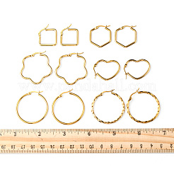 6ペア6スタイルリング＆ハート＆フラワー＆菱形＆六角形201ステンレススチールフープピアス  女性用304ステンレスジュエリー  ゴールドカラー  24~34.5x1.5~2.5mm  ピン：1~0.7mm  1ペア/スタイル&nbsp;EJEW-FS0001-06