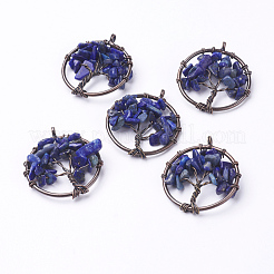 天然石ラピスラズリペンダント  真鍮パーツ  赤銅鉱  命の木とフラットラウンド  29x5~7mm  穴：4.5mm&nbsp;G-E419-01R