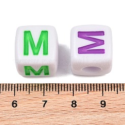 不透明アクリルエナメルヨーロピアンビーズ  大穴ビーズ  文字付きのキューブ  ミックスカラー  文字m  14x14x14mm  穴：6mm  約190個/500g&nbsp;AC-ACBA1794-04M