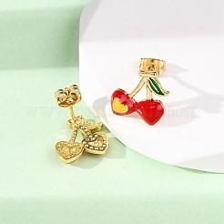真鍮製マイクロパヴェキュービックジルコニアスタッドピアス  エナメル  18KGP本金メッキ  チェリー  13x14mm&nbsp;EJEW-D328-01G-01