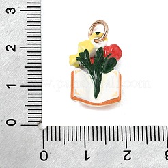 スプレープリント合金ペンダント  丸カン付き  花のお守りが付いた本  ゴールドカラー  オレンジ  19.5x13.5x4mm  穴：4.5mm&nbsp;AL-CBAB1F7-01F