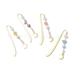 Natural White Jade & Topaz Jade & Aquamarine & Ametrine & Cherry Quartz Glass Chips & Stainless Steel Pendants Moon Charm Bookmarks&nbsp;AJEW-JK00372