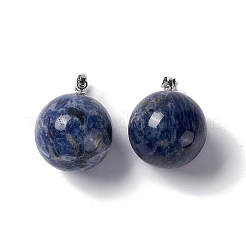 天然石ソーダライトペンダント  プラチナトーンの真鍮パーツ  丸いチャーム  22x18mm  穴：3x6mm&nbsp;G-G926-02P-06