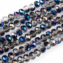 電気メッキ透明ガラスビーズ連売り  半分メッキ  多面カット  ロンデル  ブルーメッキ  3.5x3mm  穴：0.4mm  約123~127個/連  13.7~14.1インチ（35~36cm）&nbsp;EGLA-A034-T3mm-Z01