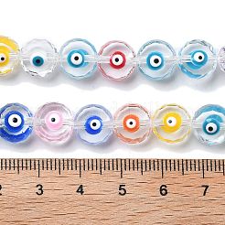 手作りナザールボンジュウランプワークビーズ連売り  エナメル  多面カット  フラットラウンド  9.5~10x5.5~7mm  穴：1.2mm  約35個/連  12.80インチ（32.5cm）&nbsp;LAMP-F035-15D