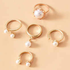 Zinc Alloy & Plastic Imitation Pearl Round Beads Finger Rings Sets&nbsp;WG9DC8A-01