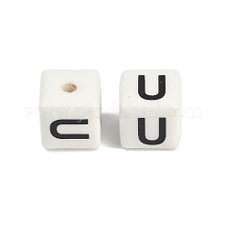 磁器のビーズ  文字のある正方形  U字  8.5x8.5x8.5mm  穴：1.6mm&nbsp;PORC-R003-08U