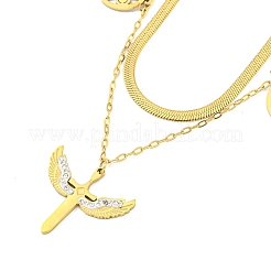 Ion Plating(IP) 201 Stainless Steel Pave Clear Cubic Zirconia Double Layer Cross with Wings Pendant Necklaces&nbsp;NJEW-K270-14G